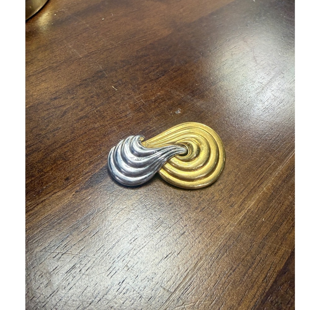 Vintage Monet Brooch Two Tone Gold Silver Swirl Ribbed Mixed Metal Pin Signed
